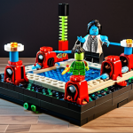 **

A LEGO Spinjitzu arena with custom LEGO minifigure spinners battling. Focus on action and dynamic movement. Include various LEGO accessories scattered around. Bright, playful lighting.

**