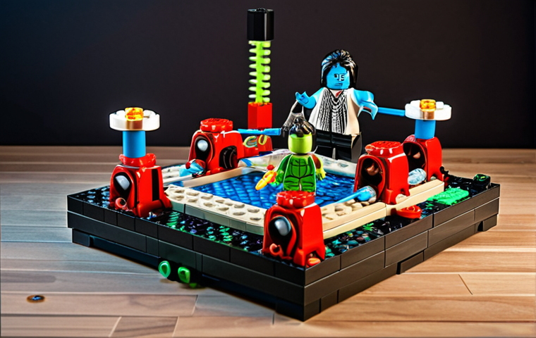 **
A LEGO Spinjitzu arena with custom LEGO minifigure spinners battling. Focus on action and dynamic movement. Include various LEGO accessories scattered around. Bright, playful lighting.
**
