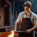 A determined young Kai, fully clothed in a modest, practical blacksmith's apron and work pants, stands confidently inside a warm, dimly lit forge. He holds a metal object with tongs, a subtle, ethereal warmth gently emanating from his hands, hinting at an innate connection to fire. Various blacksmithing tools and glowing embers are visible in the background, reflecting his early dedication to his craft. The atmosphere is filled with the soft glow of fire and faint smoke. safe for work, appropriate content, fully clothed, professional, professional dress, perfect anatomy, correct proportions, natural pose, well-formed hands, proper finger count, natural body proportions, high quality, cinematic.