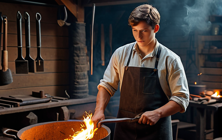 A determined young Kai, fully clothed in a modest, practical blacksmith's apron and work pants, stands confidently inside a warm, dimly lit forge. He holds a metal object with tongs, a subtle, ethereal warmth gently emanating from his hands, hinting at an innate connection to fire. Various blacksmithing tools and glowing embers are visible in the background, reflecting his early dedication to his craft. The atmosphere is filled with the soft glow of fire and faint smoke. safe for work, appropriate content, fully clothed, professional, professional dress, perfect anatomy, correct proportions, natural pose, well-formed hands, proper finger count, natural body proportions, high quality, cinematic.