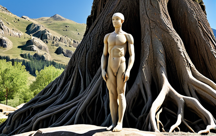 A serene and powerful figure, gender-neutral, embodying the essence of a 'Master of Earth,' standing with perfect anatomy and correct proportions on ancient, weathered rock formations. They are fully clothed in professional, modest attire, practical and durable, in deep earthy tones. Deep tree roots are visibly intertwining with the stone, symbolizing profound grounding and resilience. The background features a serene, mountainous landscape under a clear sky, conveying a sense of unshakeable stability. Natural pose, well-formed hands, proper finger count, natural body proportions. Professional photography, high-quality, focused, safe for work, appropriate content, family-friendly.