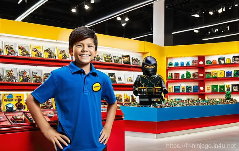 닌자고 레고 유통채널 정보 - **A Vibrant LEGO Ninjago Store Experience**
    A wide-angle shot inside a brightly lit, modern LEGO...