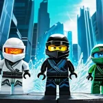 닌자고 우주 배경 스토리 - **Dynamic Ninja Team in High-Tech Ninjago City**:
    A vibrant, action-packed scene featuring the s...