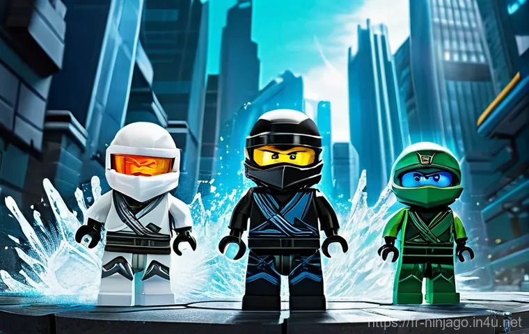 닌자고 우주 배경 스토리 - **Dynamic Ninja Team in High-Tech Ninjago City**:
    A vibrant, action-packed scene featuring the s...