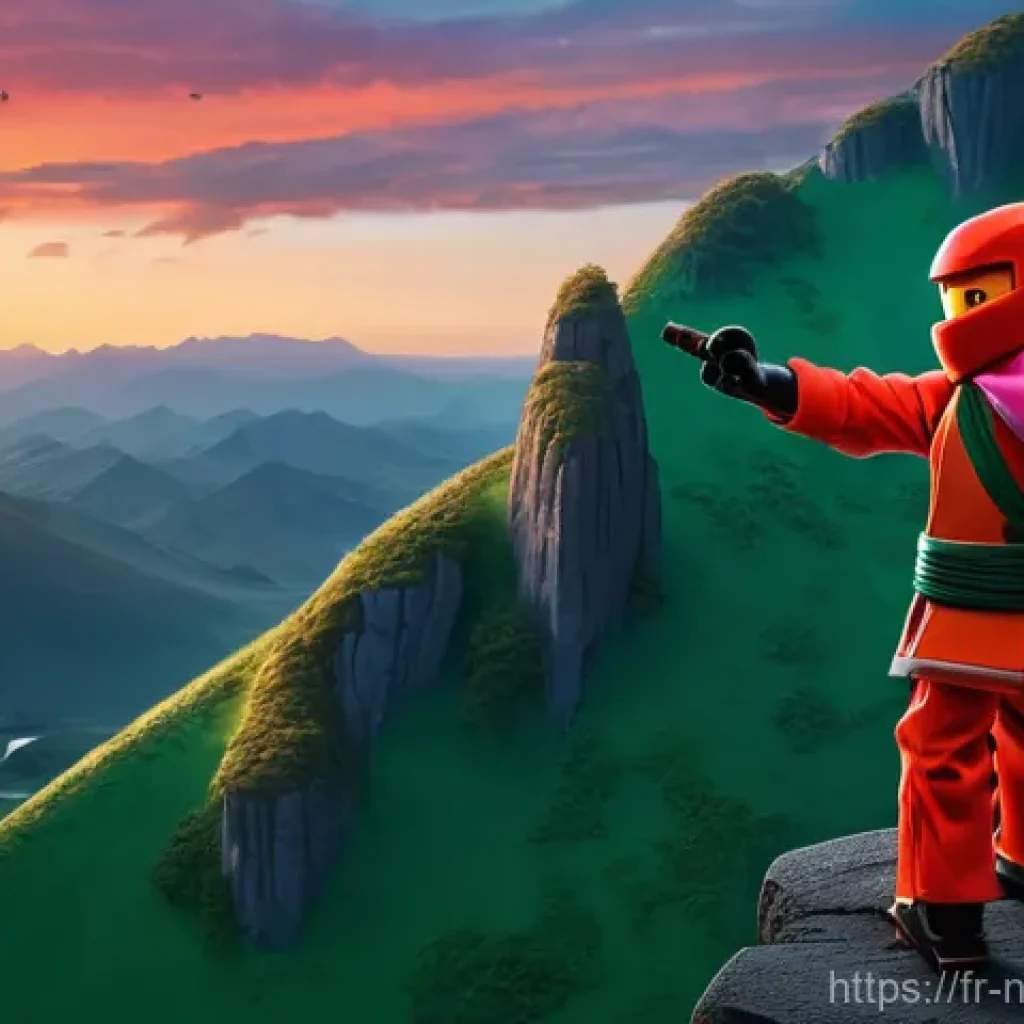 닌자고 시즌별 주요 대사 - **Prompt:** A brave and determined Kai, wearing his full red ninja suit, stands on a rugged cliff ov...