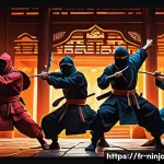 닌자고 애니메이션 연출 기법 - A dynamic scene featuring a group of ninjas in distinct, colorful costumes inspired by traditional h...