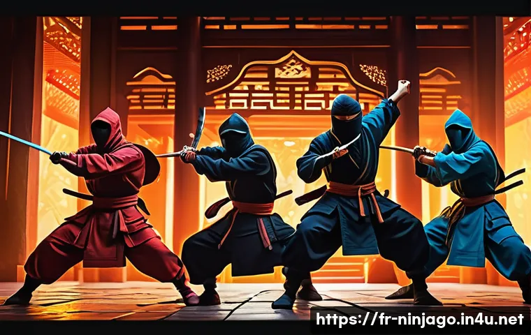 닌자고 애니메이션 연출 기법 - A dynamic scene featuring a group of ninjas in distinct, colorful costumes inspired by traditional h...