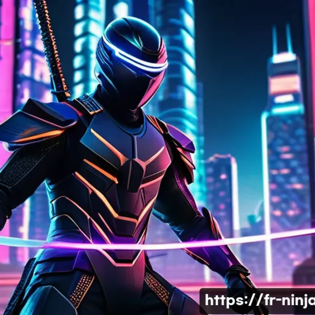 닌자고 미래 예상 스토리 - Futuristic ninja warrior standing in a high-tech neon-lit metropolis at night, wielding glowing ener...