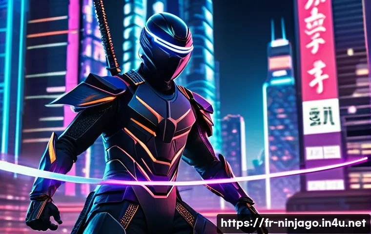 닌자고 미래 예상 스토리 - Futuristic ninja warrior standing in a high-tech neon-lit metropolis at night, wielding glowing ener...