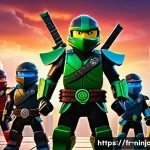 닌자고 스토리라인 변화 - A dynamic group portrait of the Ninjago ninjas in a vibrant, modernized cityscape at dusk, each ninj...