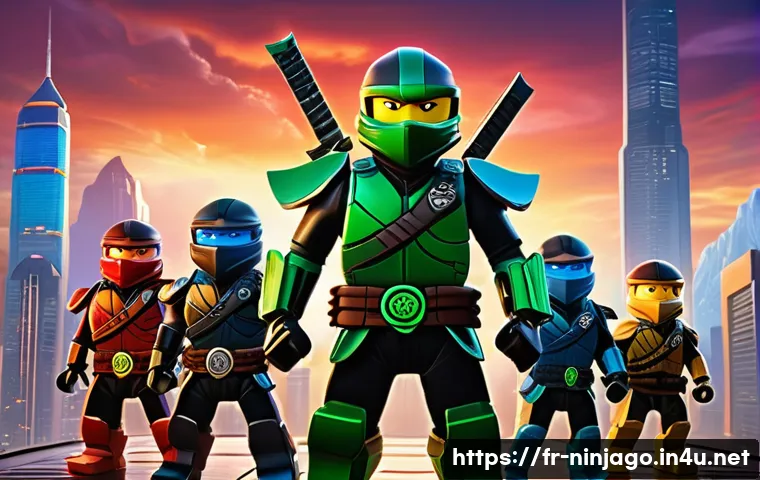 닌자고 스토리라인 변화 - A dynamic group portrait of the Ninjago ninjas in a vibrant, modernized cityscape at dusk, each ninj...