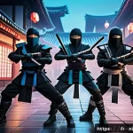 닌자고 제작진의 비전과 철학 - A vibrant, detailed scene featuring a group of ninja characters in a dynamic pose, wearing a fusion ...