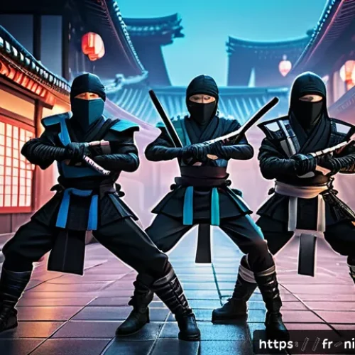 닌자고 제작진의 비전과 철학 - A vibrant, detailed scene featuring a group of ninja characters in a dynamic pose, wearing a fusion ...