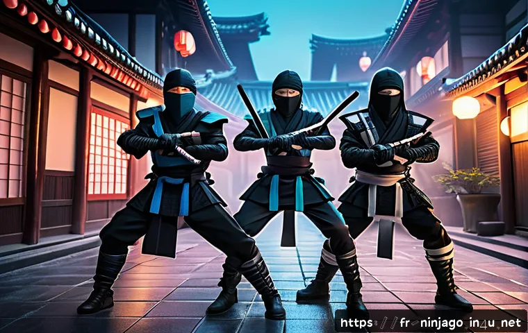 닌자고 제작진의 비전과 철학 - A vibrant, detailed scene featuring a group of ninja characters in a dynamic pose, wearing a fusion ...