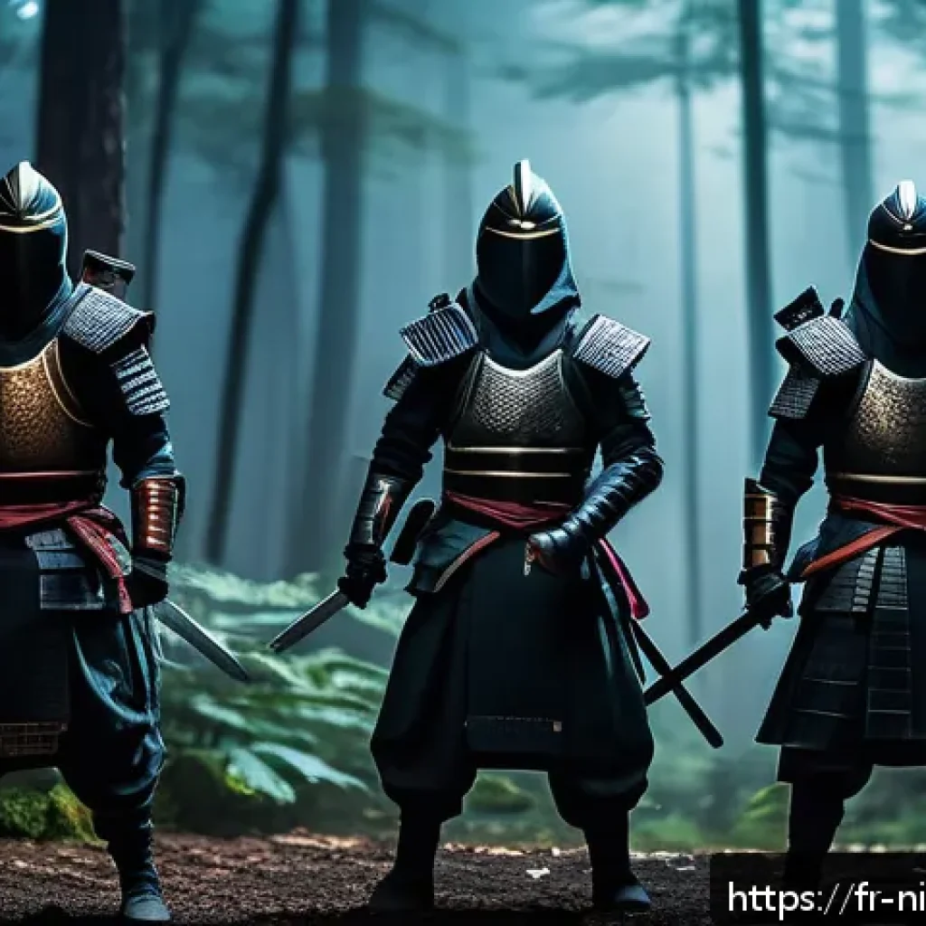 닌자고 시즌 15 플롯 해설 - A dynamic scene featuring a group of ninjas forming an unexpected alliance in a dark, misty forest a...