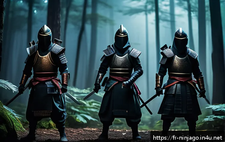닌자고 시즌 15 플롯 해설 - A dynamic scene featuring a group of ninjas forming an unexpected alliance in a dark, misty forest a...