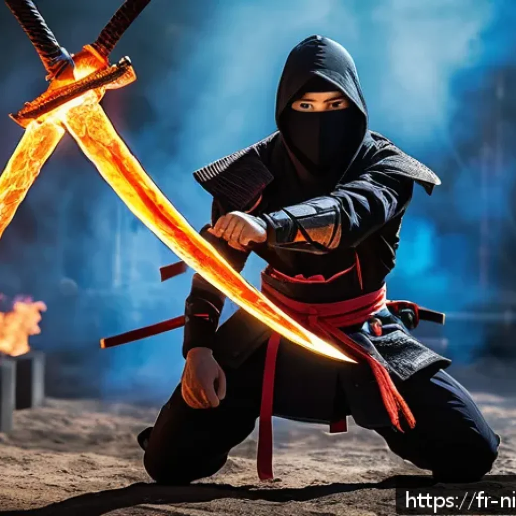 닌자고 카이의 무기 종류 - A dynamic scene of a fiery ninja warrior named Kai wielding twin glowing swords made of heat-resista...