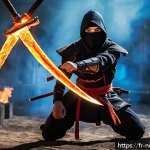 닌자고 카이의 무기 종류 - A dynamic scene of a fiery ninja warrior named Kai wielding twin glowing swords made of heat-resista...