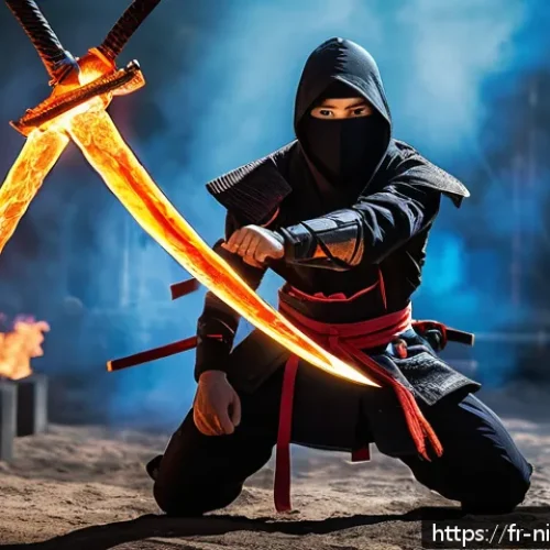 닌자고 카이의 무기 종류 - A dynamic scene of a fiery ninja warrior named Kai wielding twin glowing swords made of heat-resista...