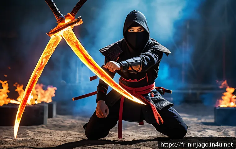 닌자고 카이의 무기 종류 - A dynamic scene of a fiery ninja warrior named Kai wielding twin glowing swords made of heat-resista...