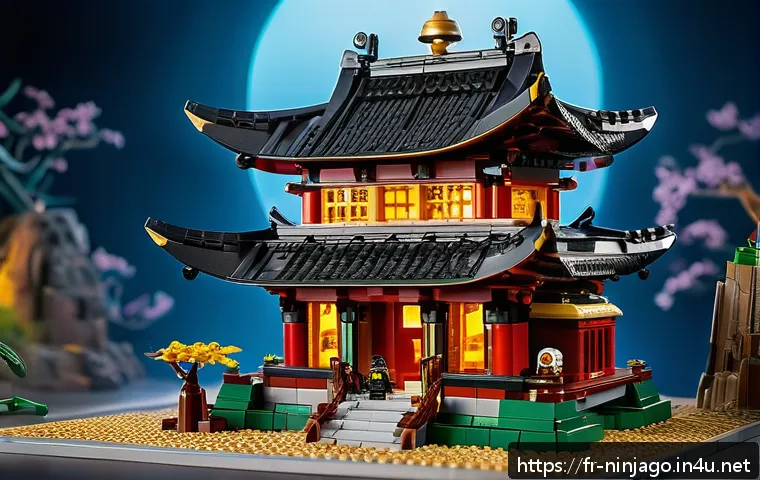 닌자고 레고 모형 전시회 - A highly detailed LEGO NinjaGo temple scene set in a mystical ancient environment, featuring intrica...