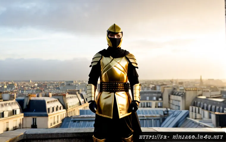 닌자고 골든 닌자의 상징성 - Photorealistic golden-masked ninja standing calmly on a rain-slick Paris rooftop at sunrise, subtle ...