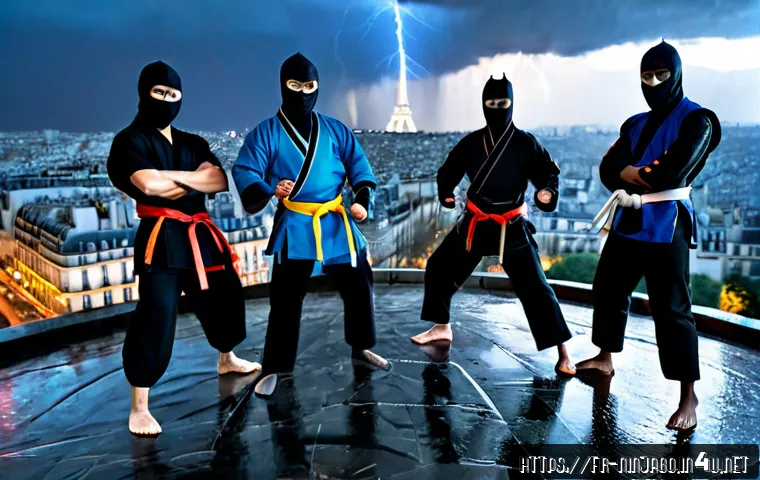 닌자고 닌자의 전설적 장면 - Photorealistic cinematic scene of six colorful masked ninja heroes standing on a rain-slick rooftop ...