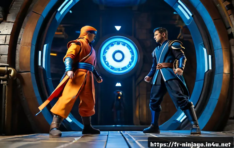 닌자고 시즌 7에서의 변화 - Photorealistic cinematic scene of a colorful brick-built ninja hero team facing a sleek clockwork vi...