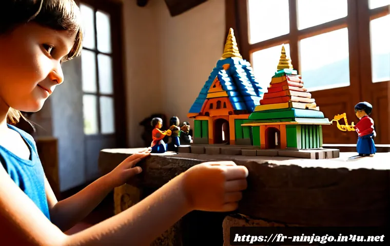 닌자고 스토리텔링 매력 - Photorealistic French family living room at golden afternoon, a child’s hands arranging colorful gen...